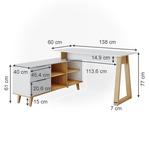 Vicco Nautica skrivbord, Vit, 138 x 60 cm med XXL lådor