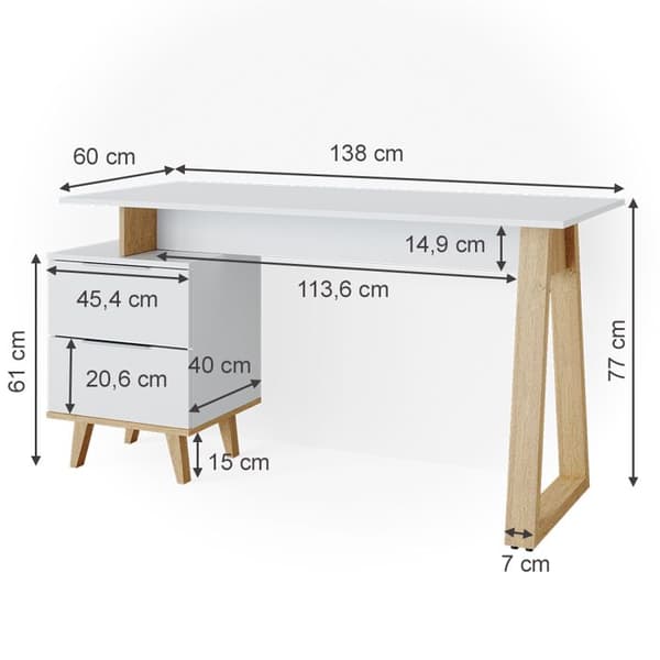 Vicco Nautica skrivbord, Vit, 138 x 60 cm med lådor L