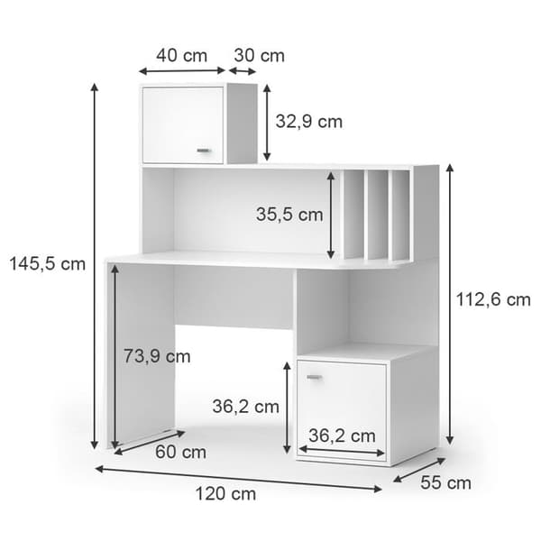 Alwin skrivbord, 115 x 55 cm med 2 dörrar, Vit, Vicco