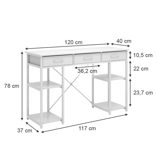 Chino skrivbord, 120 x 40 cm med 3 lådor, Vit, Vicco