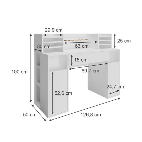 Vicco skrivbord, Vit, 126,8 x 50 cm XL med hyllplan