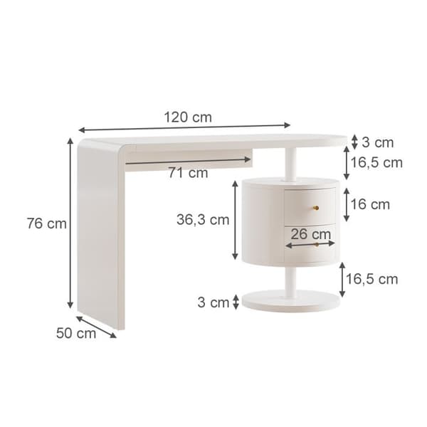 Vicco Lara Skrivbord, Vit Högglans, 120 x 50 cm med 2 lådor