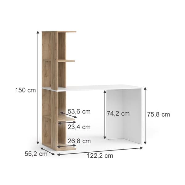 Tornskrivbord, 122,2 x 55,2 cm med 4 fack, Vit/Sonoma, Vicco