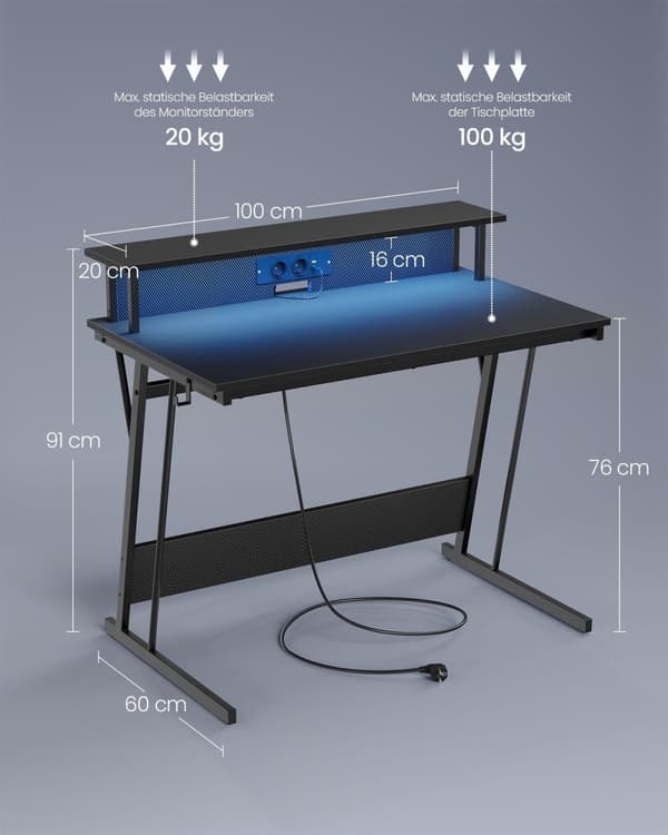 Rootz datorbord - Arbetsstation - Arbetsbord - Spånskiva och stål - 60 cm x 120 cm x 76 cm - Bildskärmsstativ - Ebenholtssvart - 19,6 kg - 100 kg Max