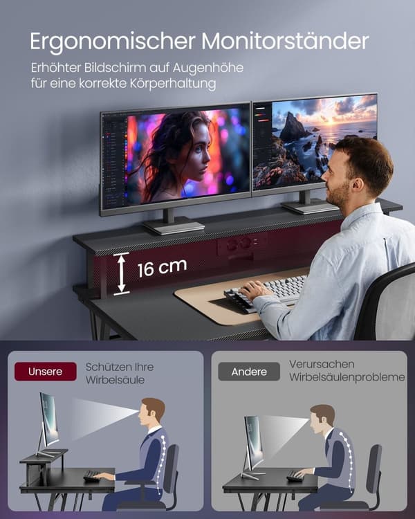 Rootz datorbord - Arbetsstation - Arbetsbord - Spånskiva och stål - 60 cm x 120 cm x 76 cm - Bildskärmsstativ - Ebenholtssvart - 19,6 kg - 100 kg Max