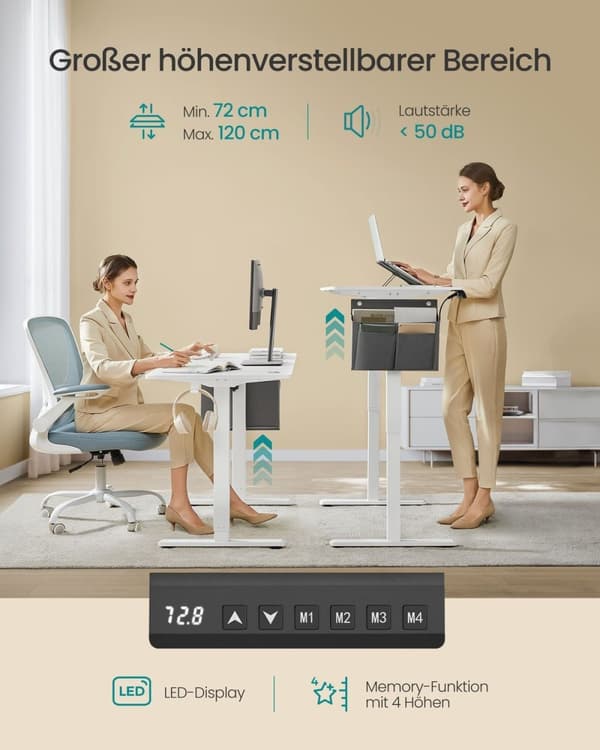 Rootz Electric Desk - Stående Skrivebord - Justerbar Højde Skrivebord - Spånplader og stål - 60cm x 140cm x (72-120cm) - Cloud White
