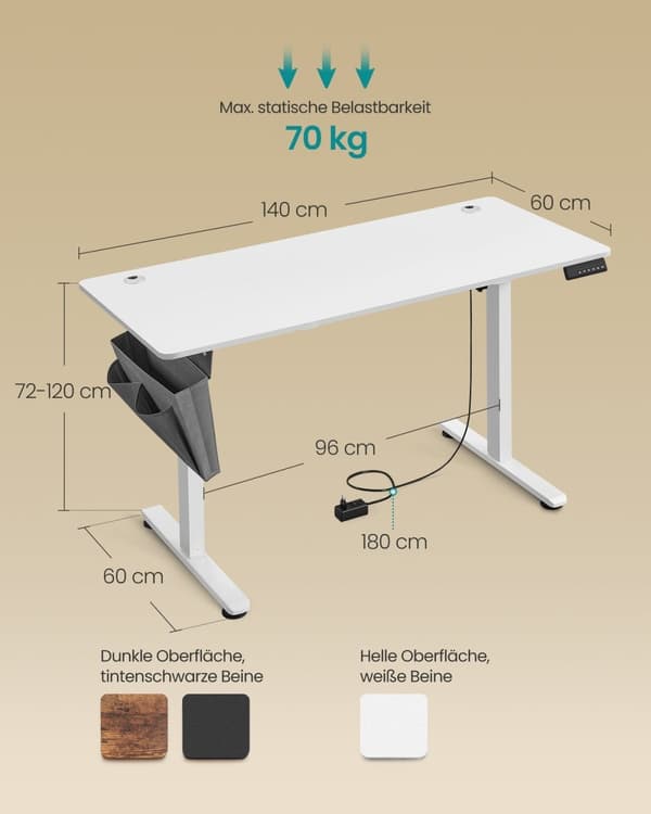 Rootz Electric Desk - Stående Skrivebord - Justerbar Højde Skrivebord - Spånplader og stål - 60cm x 140cm x (72-120cm) - Cloud White