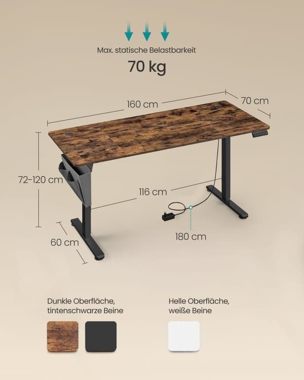 Rootz elektriskt stående skrivbord - Justerbart skrivbord - Sit Stand Skrivbord - Spånskiva - Stål - Oxfordduk - 60cm x 160cm x (72-120)cm