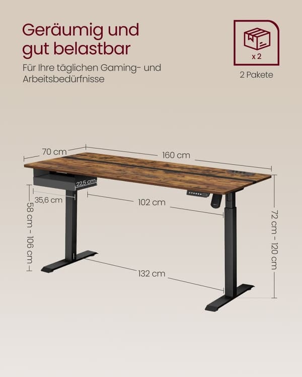 Rootz sähköinen seisomapöytä - säädettävä työpöytä - istumapöytä - lastulevy/umpiteräs - 70 cm x 160 cm x 72-120 cm - kuiskaus hiljainen - 1,5 cm paks