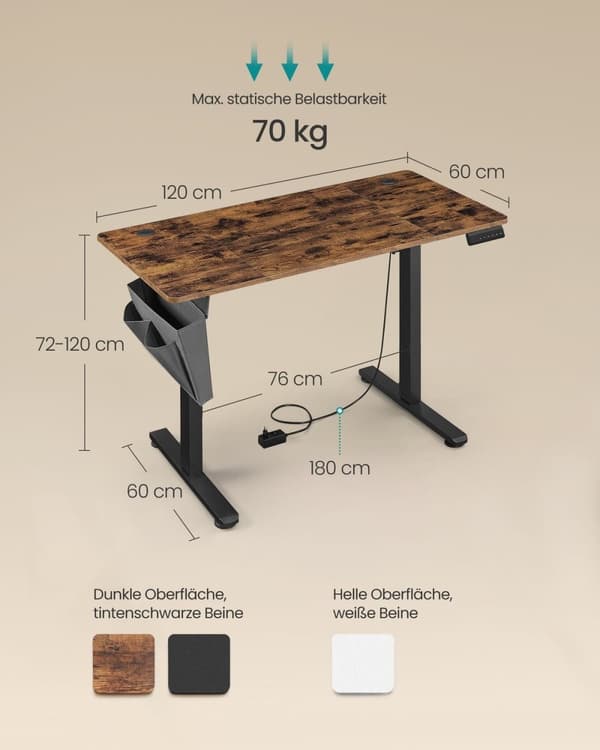 Rootz Electric seisomapöytä - Säädettävä työpöytä - Korkeussäädettävä työpöytä - Lastulevy Teräs - 60cm x 120cm x 120cm - Vintage Ruskea-Musta