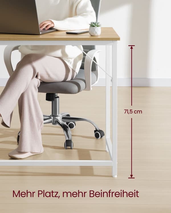 Rootz Study Desk - Kirjoituspöytä - Kotitoimiston työpöytä - Lastulevy ja teräs - 60cm x 120cm x 76cm - Luonnontammen väri - Pearl White