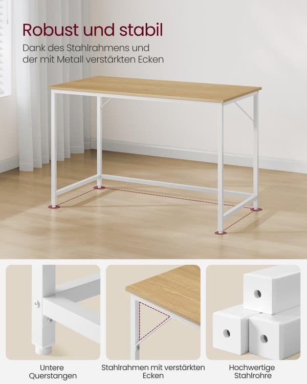 Rootz Study Desk - Kirjoituspöytä - Kotitoimiston työpöytä - Lastulevy ja teräs - 60cm x 120cm x 76cm - Luonnontammen väri - Pearl White
