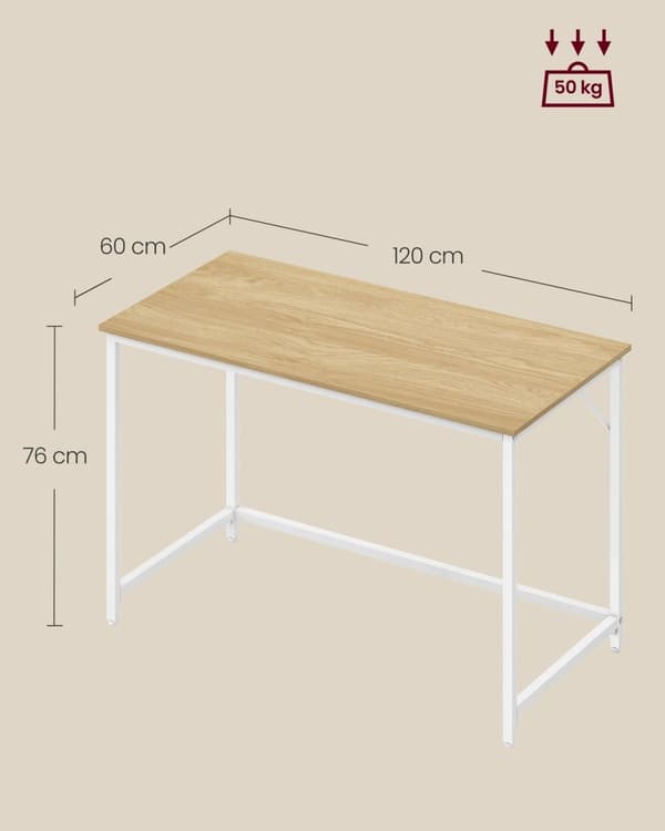 Rootz Study Desk - Kirjoituspöytä - Kotitoimiston työpöytä - Lastulevy ja teräs - 60cm x 120cm x 76cm - Luonnontammen väri - Pearl White