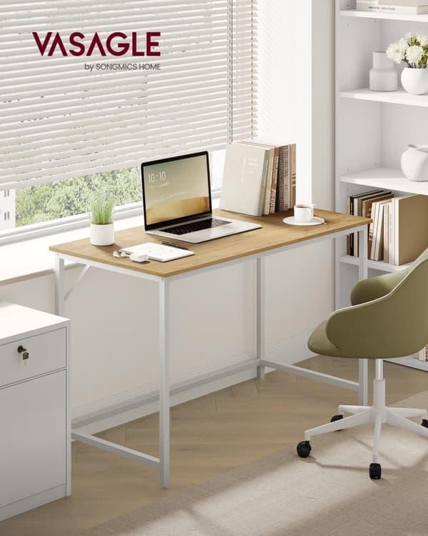 Rootz Study Desk - Kirjoituspöytä - Kotitoimiston työpöytä - Lastulevy ja teräs - 60cm x 120cm x 76cm - Luonnontammen väri - Pearl White