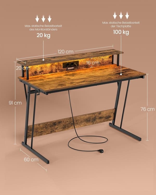 Rootz Vintage Brown -tietokonepöytä - Toimistopöytä - Lastulevy teräs - 60cm x 120cm x 76cm - Näyttöteline - Tukeva - 19,6kg