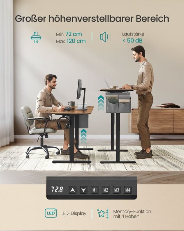 Rootz elektrisk stående skrivebord - Justerbart skrivebord - Sit Stand-skrivebord - Pladsbesparende design - 60 cm x 140 cm x (72-120) cm - Spånplade