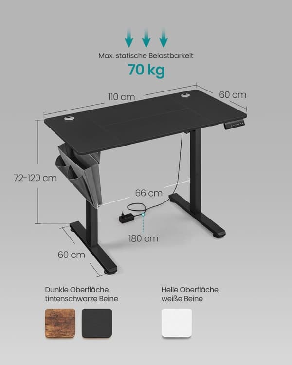 Rootz elektrisk stående skrivebord - Sit Stand-skrivebord - Justerbart skrivebord - Stålramme - 60 cm x 110 cm x (72-120 cm) - Blæk sort - 20,7 kg