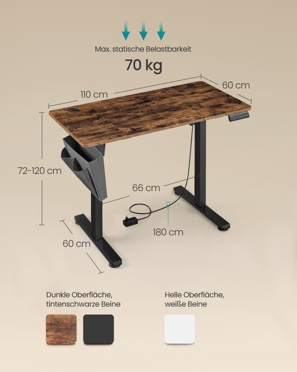 Rootz elektrisk stående skrivebord - Justerbart skrivebord - Sit-Stand skrivebord - Spånplade - Stål - Oxford klud - 60cm x 110cm x 120cm