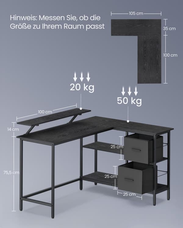 Rootz L Shape Skrivbord - Spelbord - Studiebord - Spånskiva och stål - Rymligt - 105cm x 135cm x 89,5cm