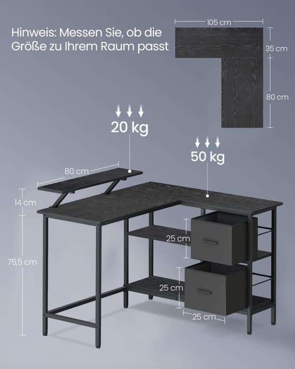 Rootz L-muotoinen kirjoituspöytä - Ebony Black - Lastulevy - Teräs - Tilava työpiste - 105cm x 115cm x 89,5cm