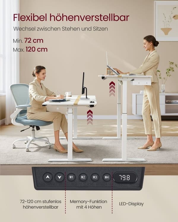 Rootz elektrisk stående skrivebord - Justerbart bord - Sit Stand-skrivebord - Spånplader og stål - 70cm x 160cm x (72-120)cm - Cloud White-Golden Oak