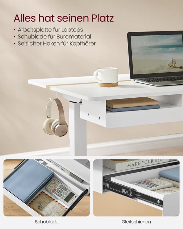 Rootz elektrisk stående skrivebord - Justerbart bord - Sit Stand-skrivebord - Spånplader og stål - 70cm x 160cm x (72-120)cm - Cloud White-Golden Oak