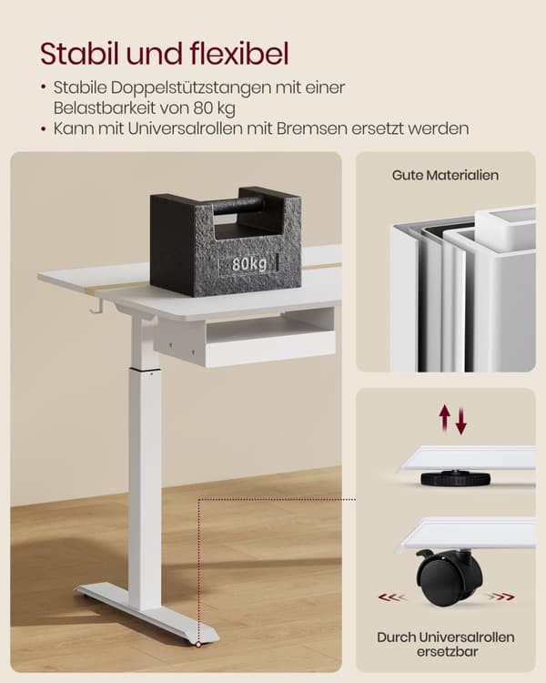 Rootz elektrisk stående skrivebord - Justerbart bord - Sit Stand-skrivebord - Spånplader og stål - 70cm x 160cm x (72-120)cm - Cloud White-Golden Oak