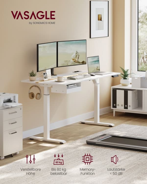 Rootz elektrisk stående skrivebord - Justerbart bord - Sit Stand-skrivebord - Spånplader og stål - 70cm x 160cm x (72-120)cm - Cloud White-Golden Oak