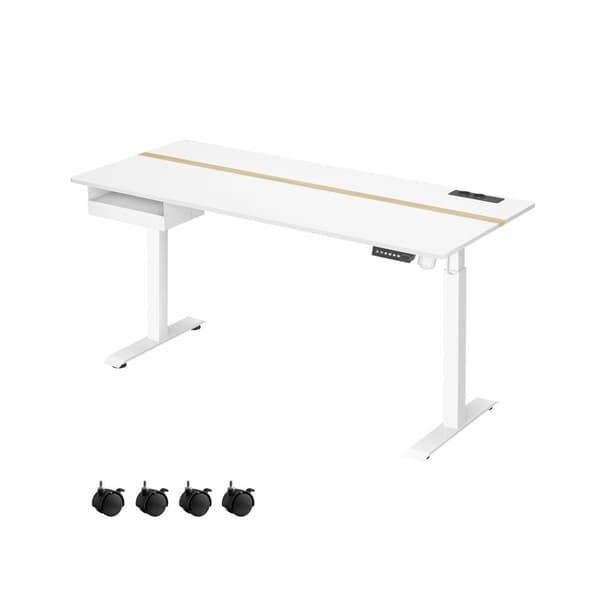 Rootz elektrisk stående skrivebord - Justerbart bord - Sit Stand-skrivebord - Spånplader og stål - 70cm x 160cm x (72-120)cm - Cloud White-Golden Oak