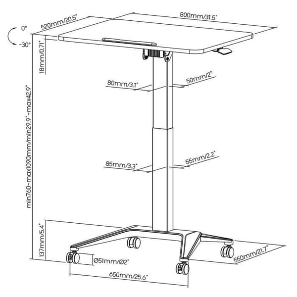 Mobilt bärbar skrivbord, Maclean MC-453B, svart, pneumatisk höjdjustering, 80x52cm, 8kg max, 109cm h