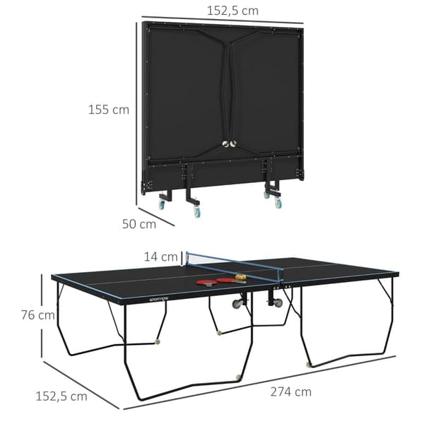 Rootz Bordtennisbord - Pingisbord - Kompakt hopfällbart - Mångsidig användning - 274cm x 152,5cm x 76cm - Black Steel MDF - Hjul - Tillbehör
