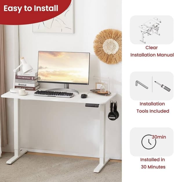 Rootz elektriskt höj- och sänkbart skrivbord - Stående skrivbord - Sitt-stående skrivbord - Hälsofördelar - 120 cm x 60 cm - T-formad stålram