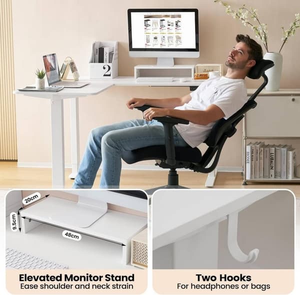 Rootz höjdjusterbart hörnskrivbord - Stå-Sitt-bord - Elektriskt stående skrivbord - L-formad bänkskiva - Tyst och stabilt - 140/120 cm x 60 cm - E1 Tr