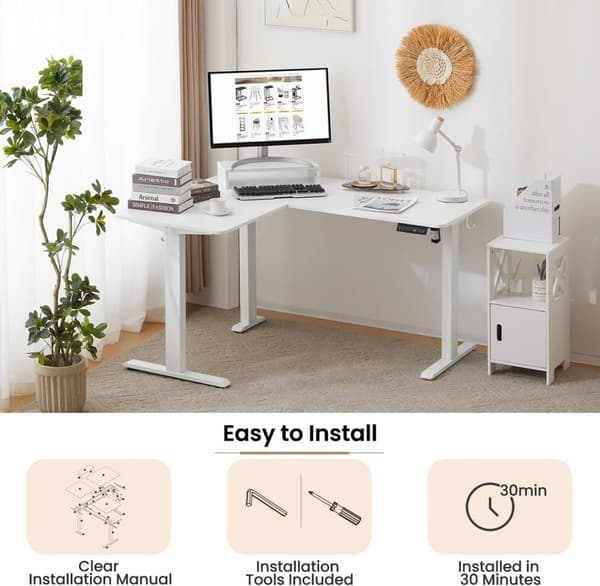 Rootz höjdjusterbart hörnskrivbord - Stå-Sitt-bord - Elektriskt stående skrivbord - L-formad bänkskiva - Tyst och stabilt - 140/120 cm x 60 cm - E1 Tr