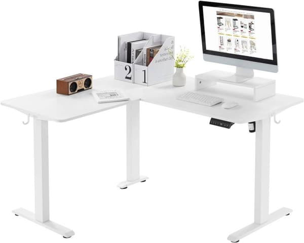 Rootz höjdjusterbart hörnskrivbord - Stå-Sitt-bord - Elektriskt stående skrivbord - L-formad bänkskiva - Tyst och stabilt - 140/120 cm x 60 cm - E1 Tr