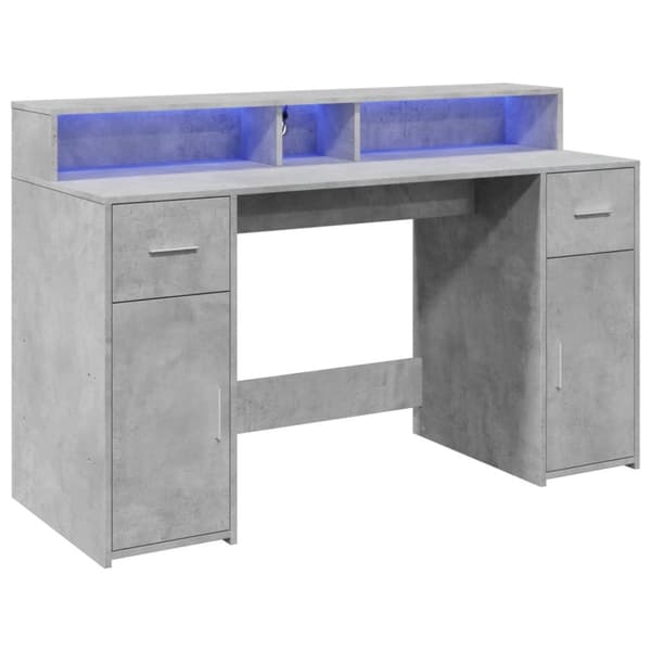 skrivebord med LED-lys 140x55x91 cm konstrueret træ betongrå