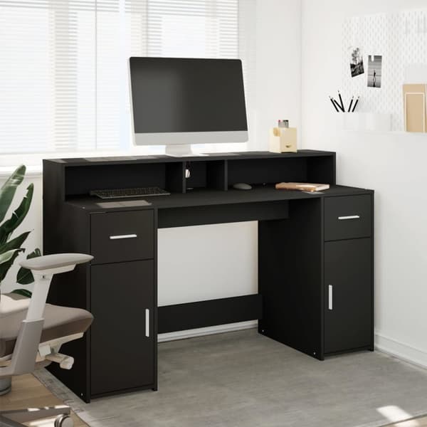 Skrivbord med LED svart 140x55x91 cm konstruerat trä
