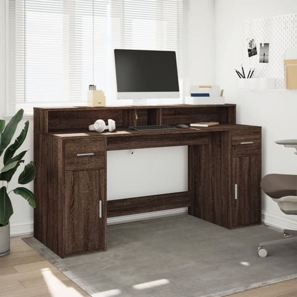 Työpöytä LED-valoilla ruskea tammi 160x55x91 cm tekninen puu