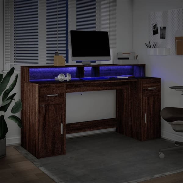 Työpöytä LED-valoilla ruskea tammi 160x55x91 cm tekninen puu