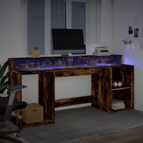 Työpöytä LED-valoilla savutammi 200x55x91 cm tekninen puu