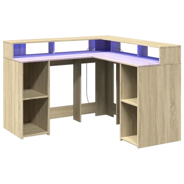 skrivebord med LED-lys 130x130x91 cm konstrueret træ sonoma-eg