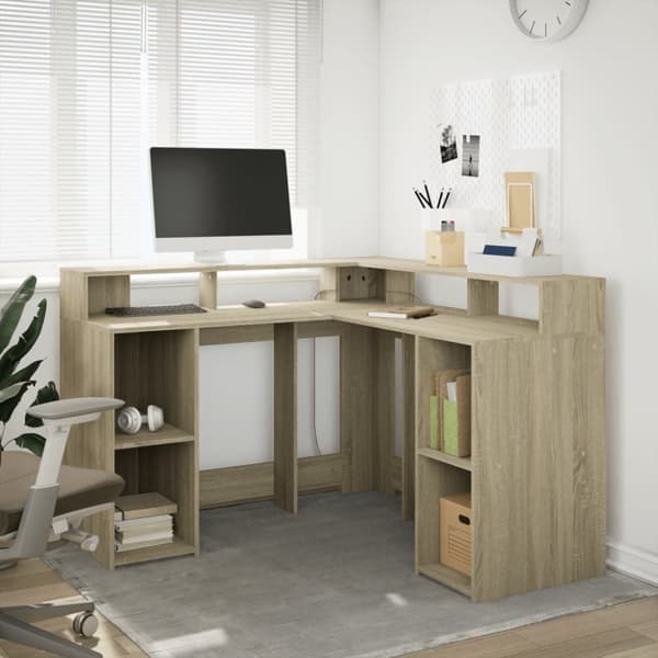 skrivebord med LED-lys 130x130x91 cm konstrueret træ sonoma-eg