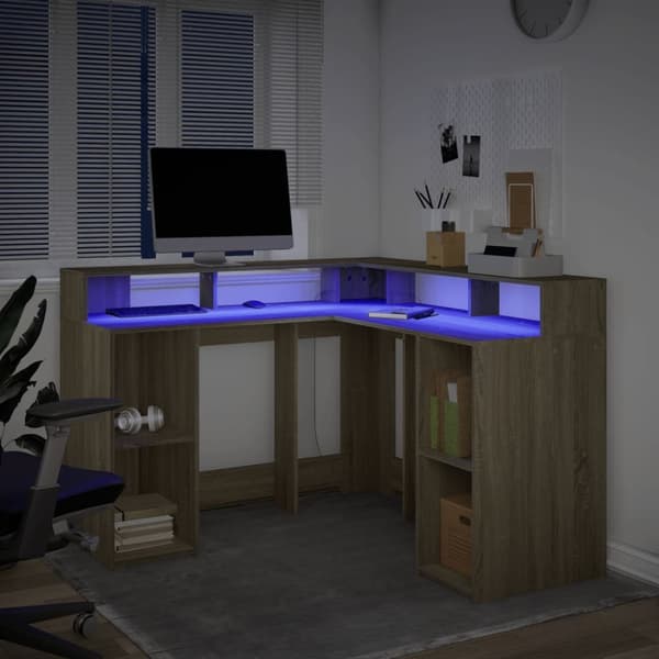 skrivebord med LED-lys 130x130x91 cm konstrueret træ sonoma-eg