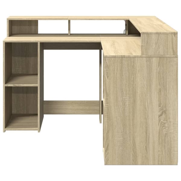 skrivebord med LED-lys 130x130x91 cm konstrueret træ sonoma-eg