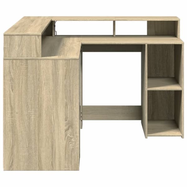 skrivebord med LED-lys 130x130x91 cm konstrueret træ sonoma-eg