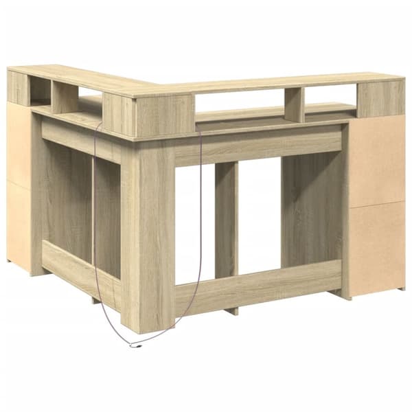 skrivebord med LED-lys 130x130x91 cm konstrueret træ sonoma-eg