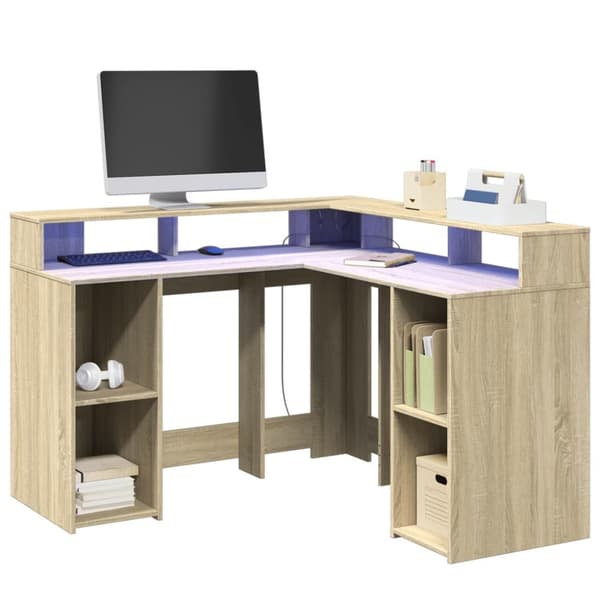 skrivebord med LED-lys 130x130x91 cm konstrueret træ sonoma-eg