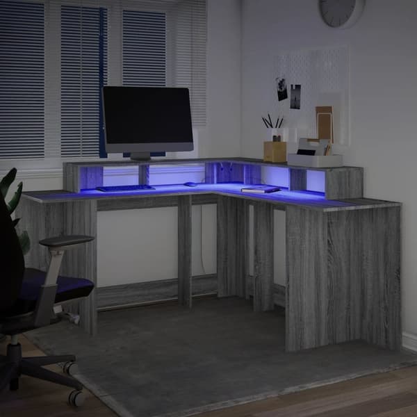 skrivebord m. LED-lys 152x152x91 cm konstrueret træ grå sonoma