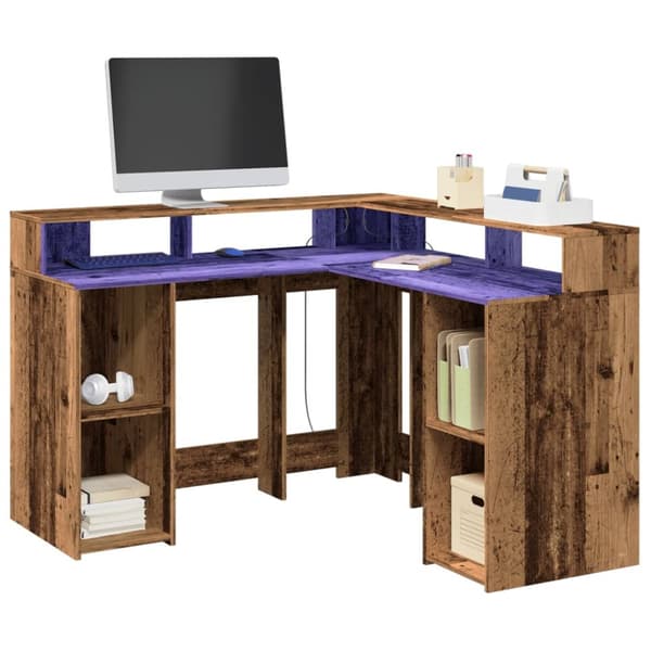 Työpöytä LED-valoilla vanha puu 130x130x91 cm tekninen puu