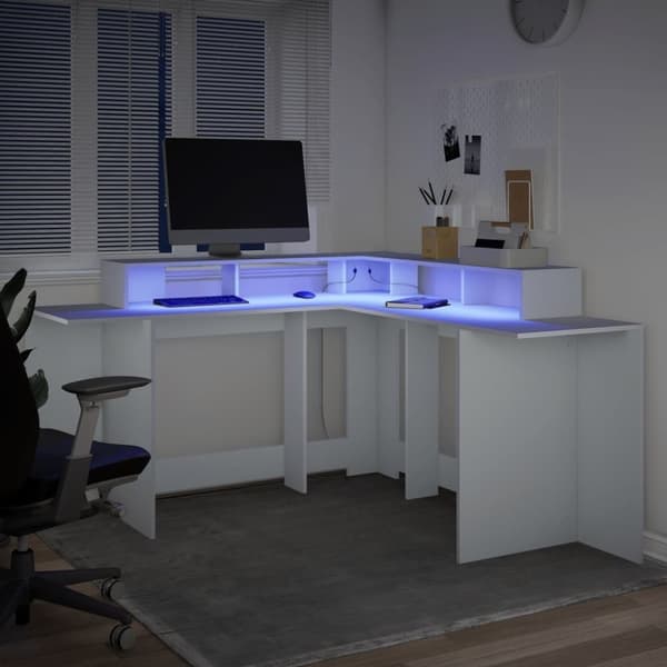 Työpöytä LED-valoilla valkoinen 152x152x91 cm tekninen puu